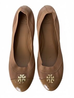 Tory Burch Jolie Ballet Flats Royal Tan Nappa Leather Patent Cap Toe Logo Size 8